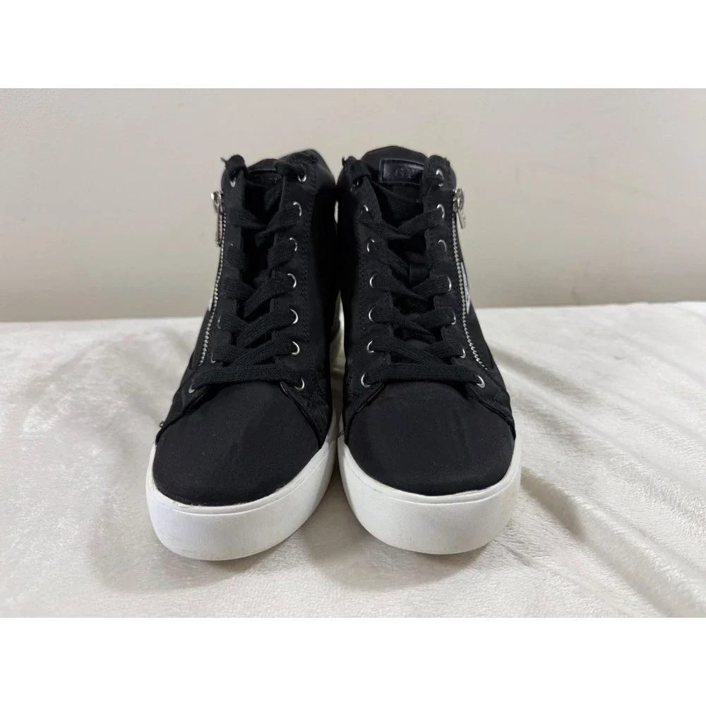 Guess Wedge High Top Sneakers Women 8.5 Black Lace Up Side Zip Logo Casual Shoes